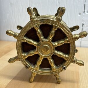 Vintage Set of 5 Nautical Coasters Brass Ship Wheel Holder Mid Century MCM